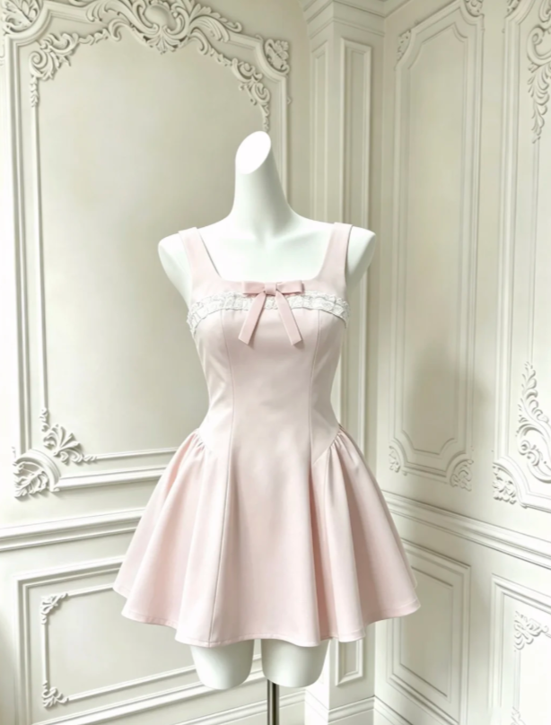 Lovely Pink Wide Strap Square Neck White Lace Trim Front Bow A-Line Satin Short Homecoming Dress AS1426