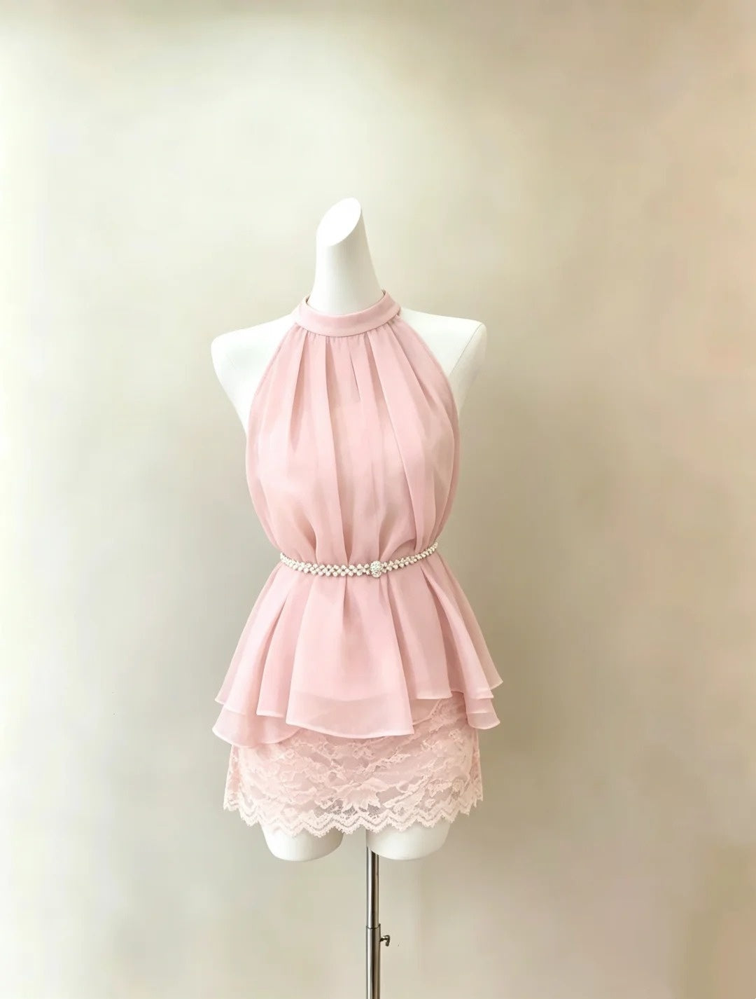 Chic Light Pink Halter Neck Two Piece Chiffon Top Beaded Waistband Floral Lace Mini Bodycon Skirt Homecoming Dress AS1433