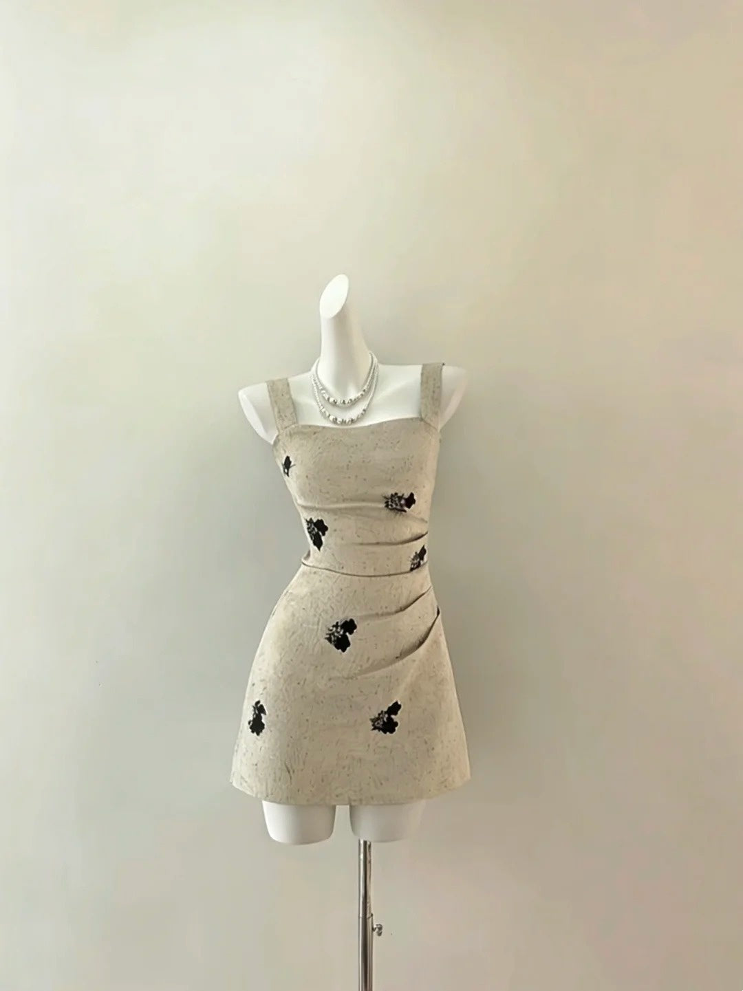 Chic Beige Square Neck Wide Strap Black Floral Print Side Ruched Bodycon Short Homecoming Dress AS1439