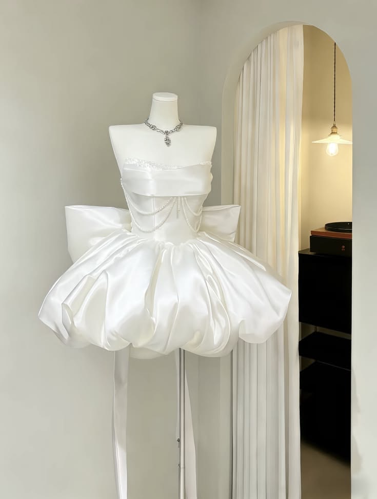Elegant White Strapless Folded Satin Pearl Chain Big Bow Puffy Bubble Mini Homecoming Dress AS1443