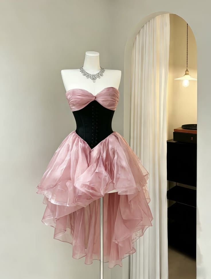 Chic Pink Strapless Black Twist Sweetheart Neck Asymmetric Layered Tulle High Low A Line Short Homecoming Dress AS1448