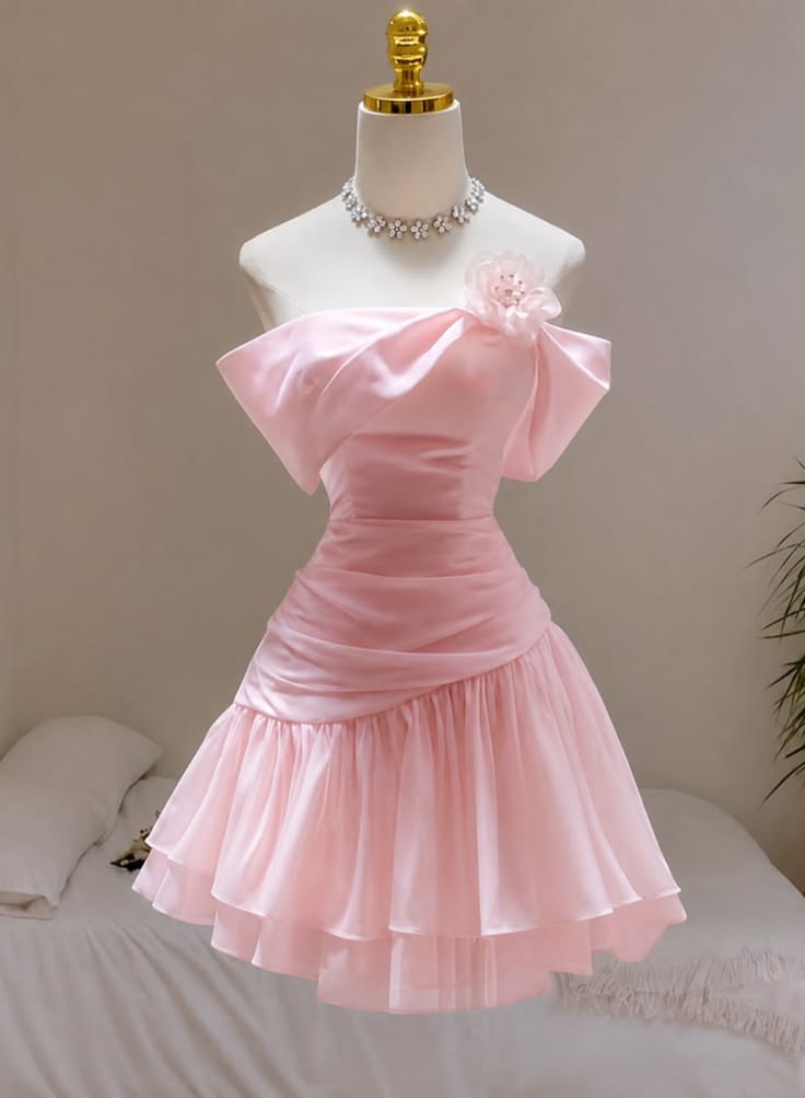 Elegant Pink Off The Shoulder Floral Side Ruched Layer Chiffon A Line Short Homecoming Dress AS1450