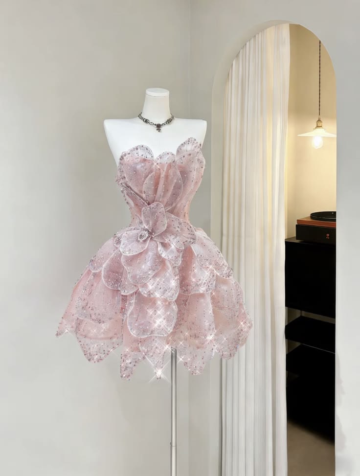 Gorgeous Pink Strapless Sparkly Mesh 3D Petal Floral Irregular Layer A Line Short Homecoming Dress AS1457
