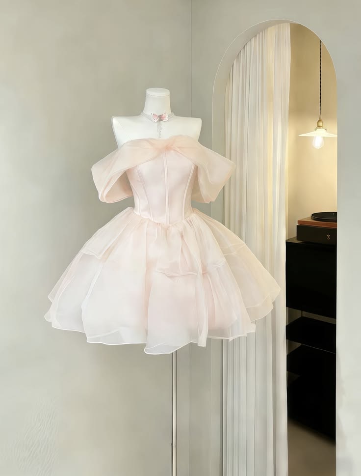 Elegant Light Pink Off The Shoulder Fold Bow Neck A Line Flowy Tulle Short Homecoming Dress AS1466