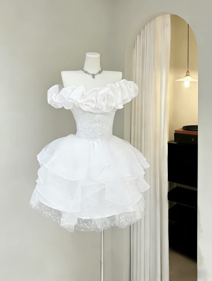 Chic White Off The Shoulder Ruffled Satin Neck Sequin Multi-Layer Glitter Tulle Short A Line Homecoming Dress AS1467