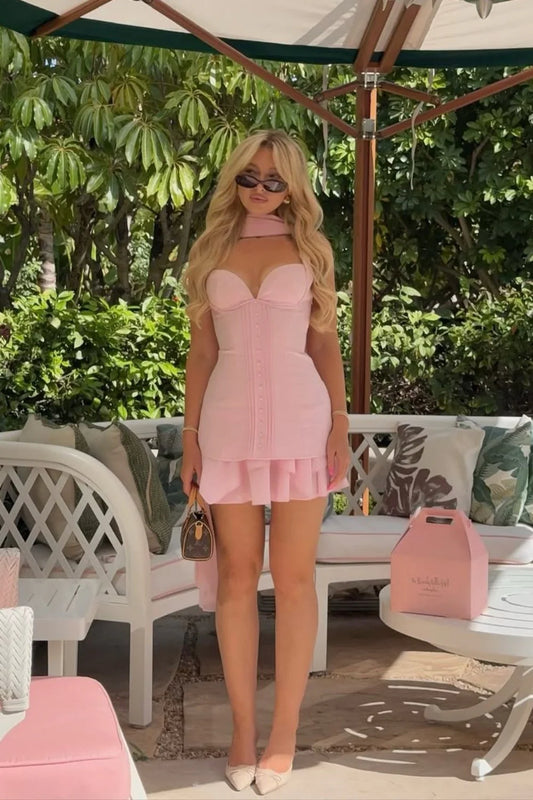 Pink Sweetheart Corset Mini Dress With Button Front And Ruffle Hem AS148