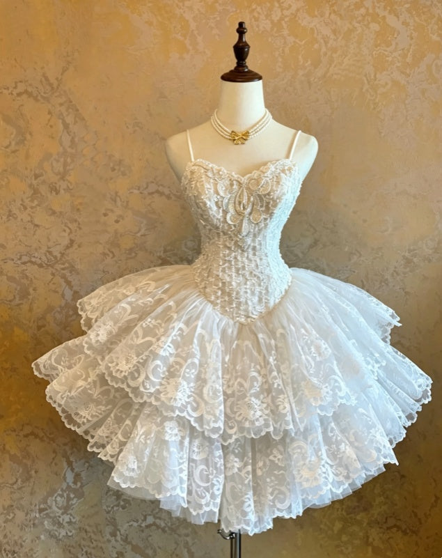 Elegant White Spaghetti Strap Sweetheart Floral Lace Corset Tiered Lace A Line Tutu Short Homecoming Dress AS1483