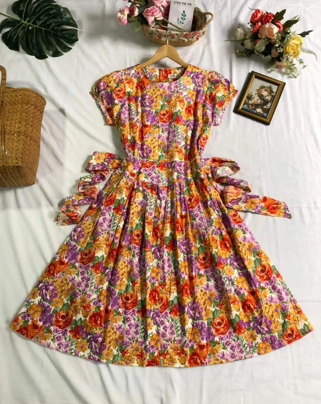 Romantic Multicolor Rose Floral Round Neck Cap Sleeve Waist Self Tie A Line Midi Homecoming Dress AS1490