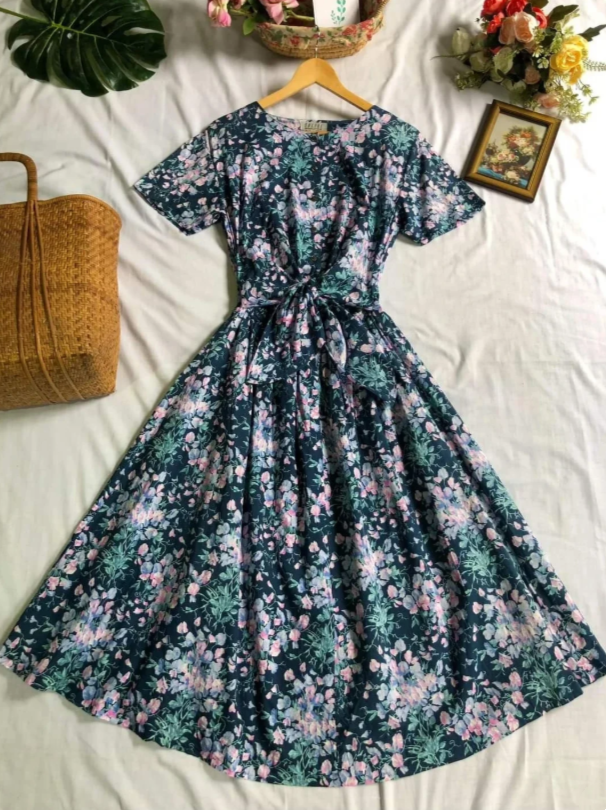 Vintage Navy Ditsy Floral Round Neck Short Sleeve Front Twist Knot Waist A Line Midi Homecoming Dress AS1491
