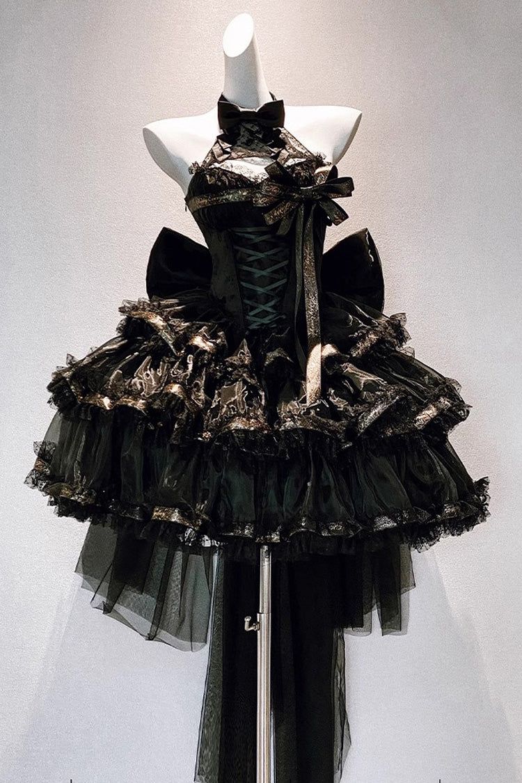 Luxurious Black Halter Lace Up Corset Gold Trim Ruffled A Line Short Homecoming Dress With Big Back Bow AS1496