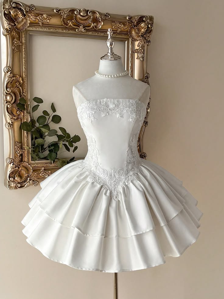 Elegant White Strapless Lace Applique Satin Tiered Ruffle A Line Short Homecoming Dress AS1500