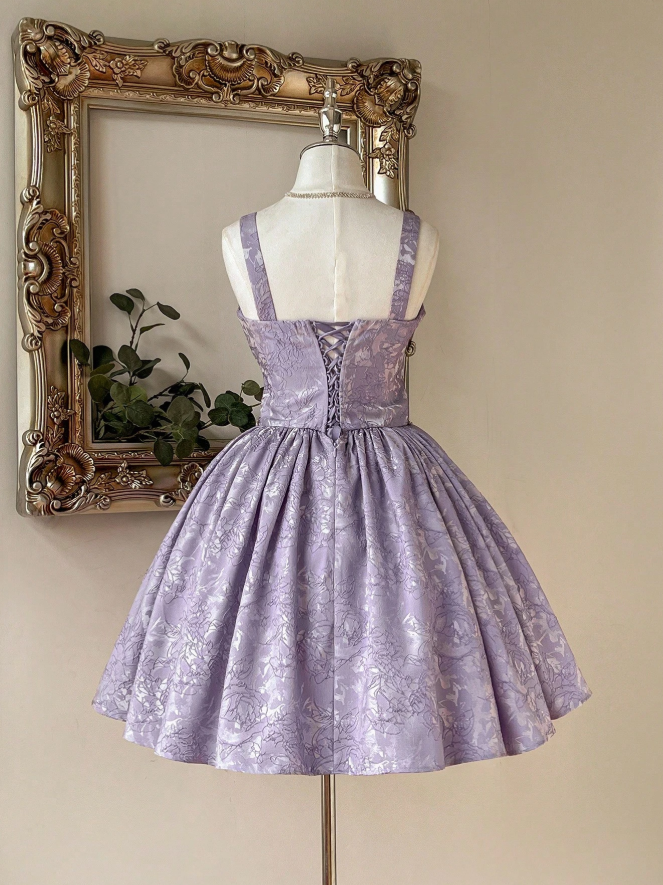 Dreamy Lavender Strap Rhinestone Sweetheart Neck Waist Floral Jacquard A-Line Short Homecoming Dress AS1502