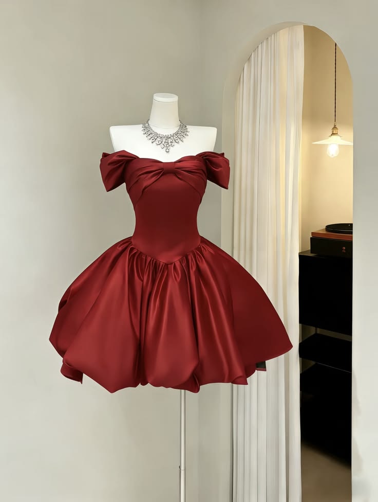 Glam Red Off Shoulder Satin A Line Puffy Short Homecoming Dress AS1505
