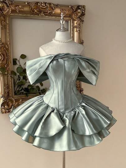 Elegant Sage Off Shoulder Satin Corset Tiered Ruffle A Line Short Homecoming Dress AS1508