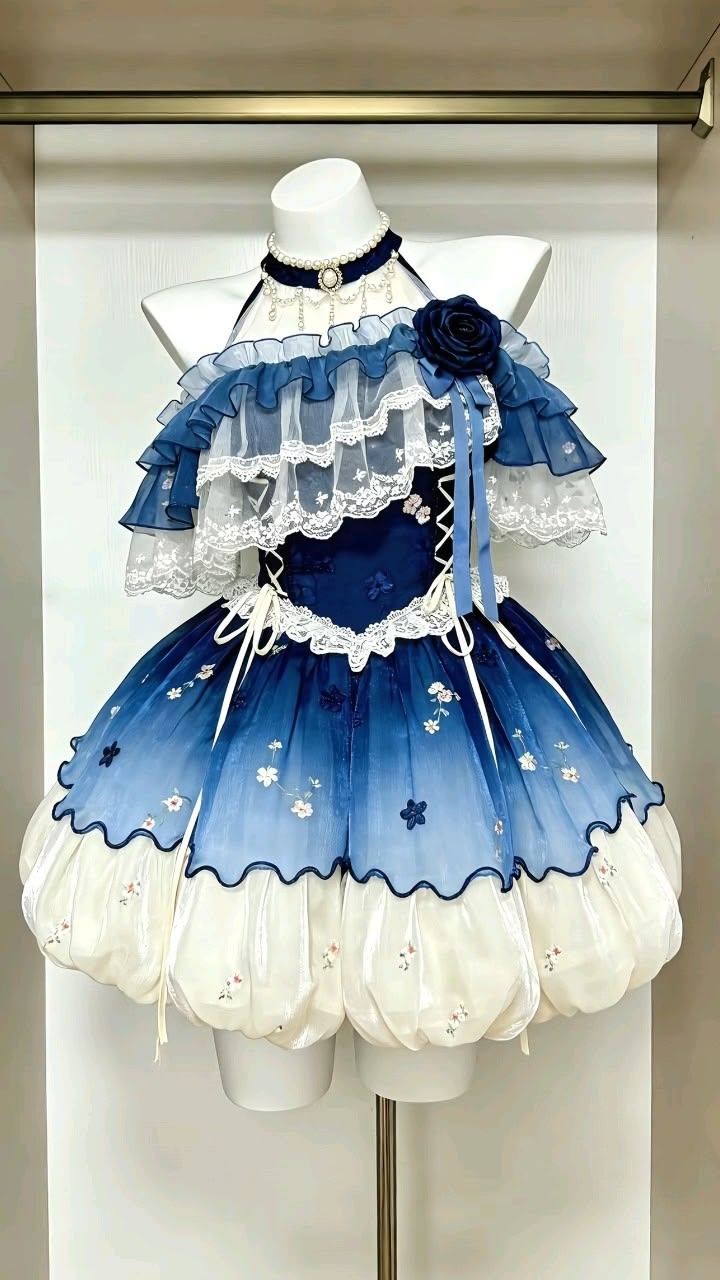 Dreamy Blue Ombre Off Shoulder Halter Choker Lace Ruffle 3D Rose A Line Puffy Bubble Short Homecoming Dress AS1515
