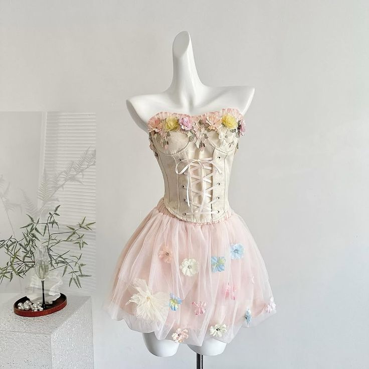 Romantic Pink Strapless Corset Lace Up 3D Floral Appliques A Line Puffy Tulle Short Homecoming Dress AS1519
