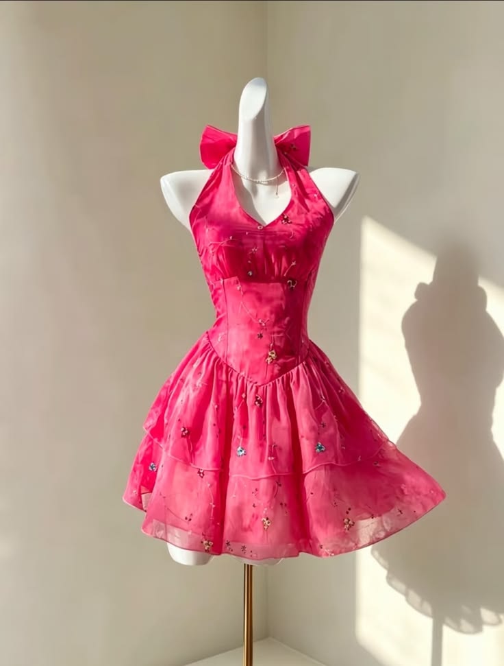 Vibrant Hot Pink Halter Big Bow V Neck Tiny Floral Appliques Tiered Tulle A Line Short Homecoming Dress AS1523