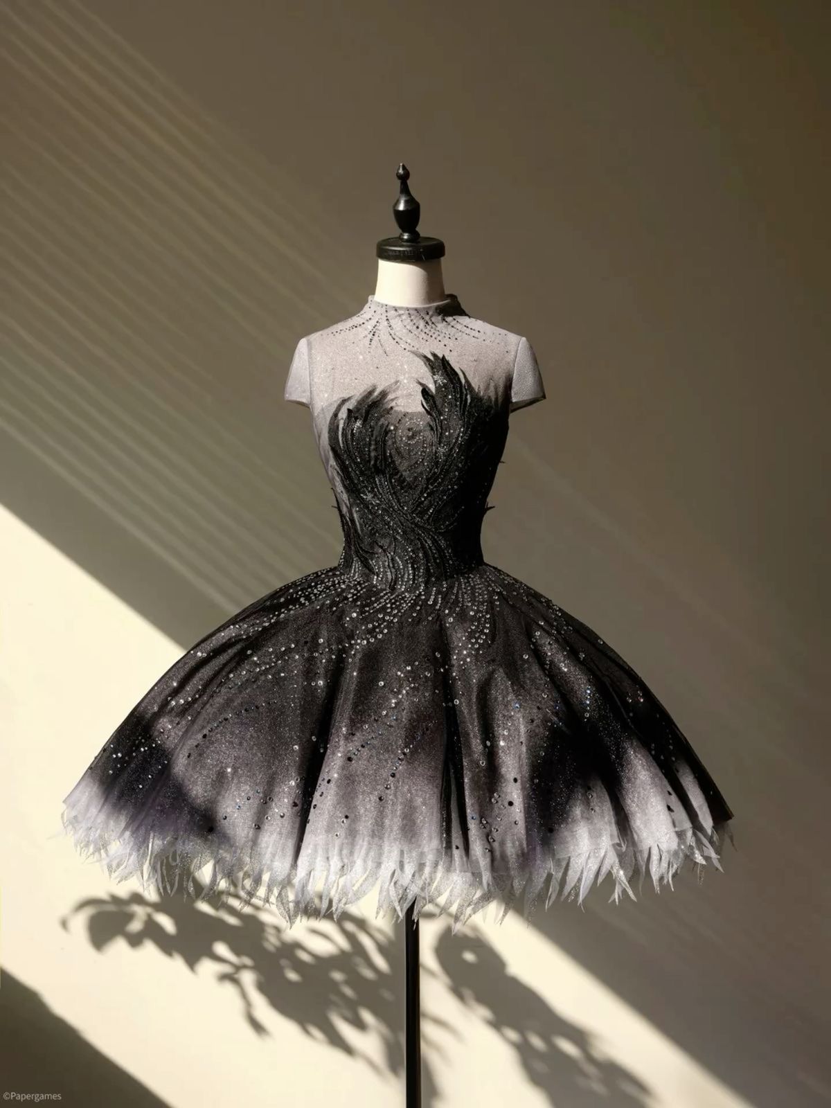 Stunning Black Gradient High Neck Short Sleeve Feather Appliques Rhinestone A Line Puffy Tulle Short Homecoming Dress AS1537