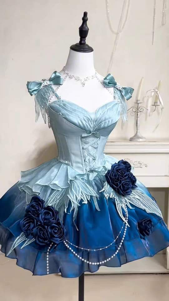 Chic Blue Sweetheart Corset Bow Strap 3D Dark Rose Pearl Chain A Line Short Homecoming Dress AS1543