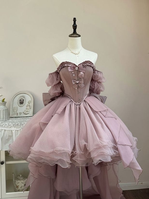 Elegant Dusty Purple Off The Shoulder Puff Sleeve Corset Bow Rose High Low Layered Tulle A Line Short Homecoming Dress AS1544