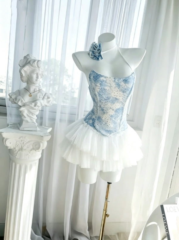 Fresh Blue White Strapless Sparkly Corset Layered Tulle A Line Short Homecoming Dress AS1547
