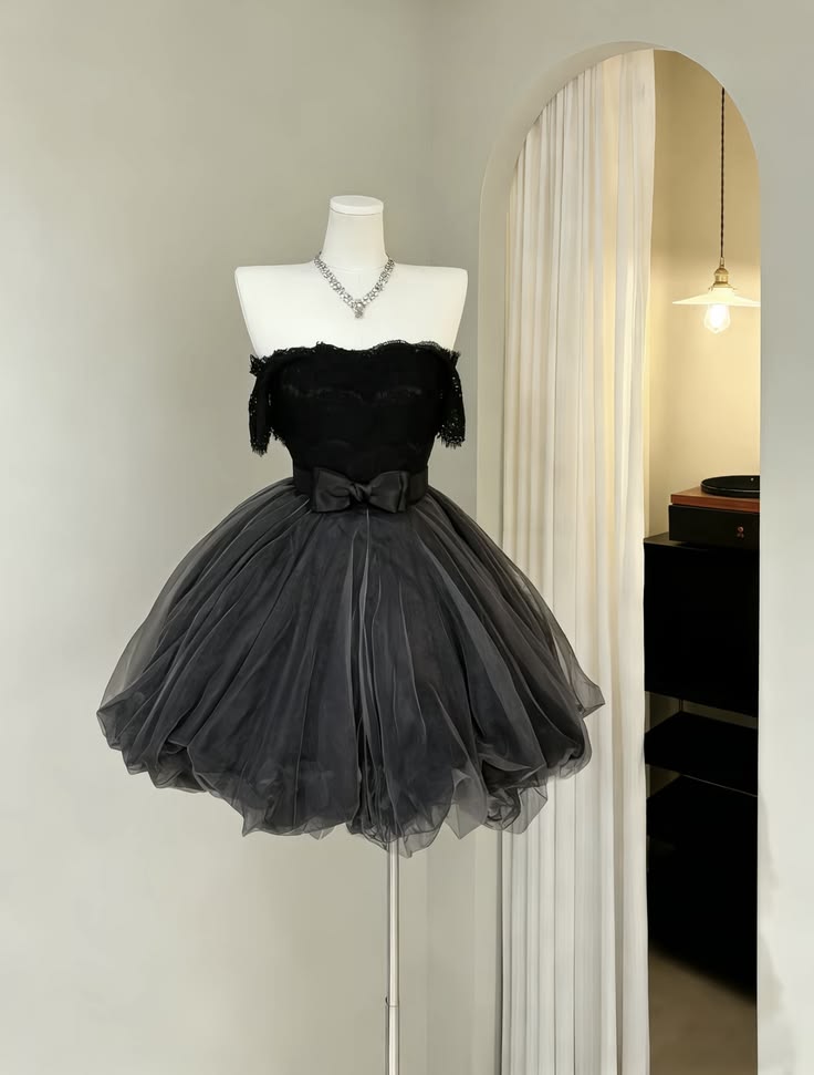 Elegant Black Lace Off Shoulder Bow Waist A Line Puffy Tulle Short Homecoming Dress AS1552