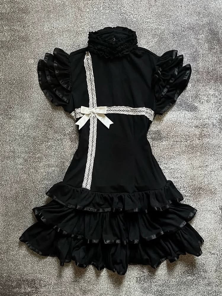 Elegant Black High Neck Short Puff Sleeve White Lace Satin Bow Tiered A Line Short Homecoming Dress AS1553