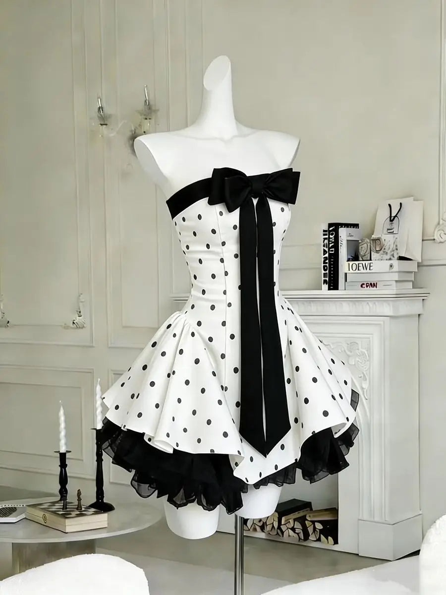 Chic White Black Polka Dot Strapless Bow Ruffle Tulle A Line Short Homecoming Dress AS1554