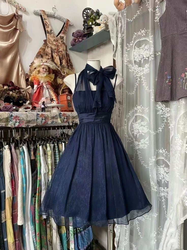 Elegant Navy Halter Neck Spaghetti Strap Glitter Chiffon A Line Short Homecoming Dress AS1558