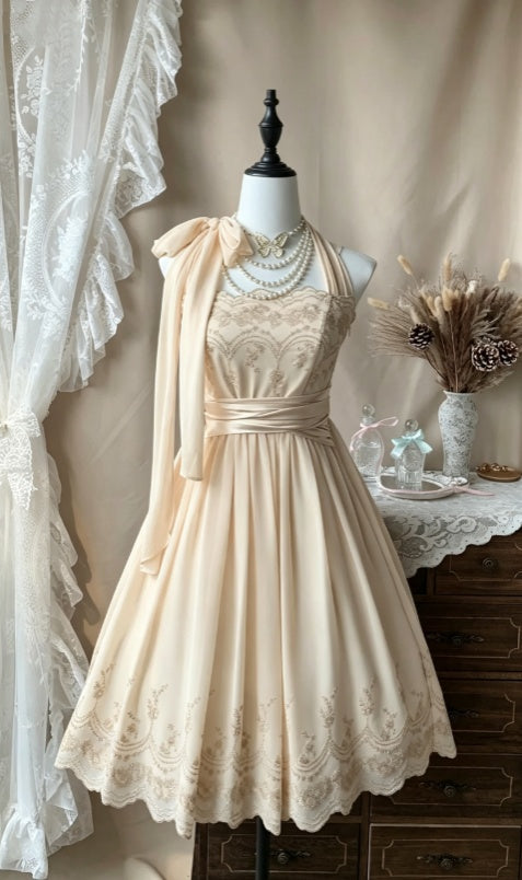 Vintage Cream Halter Bow Floral Print A Line Midi Homecoming Dress AS1569