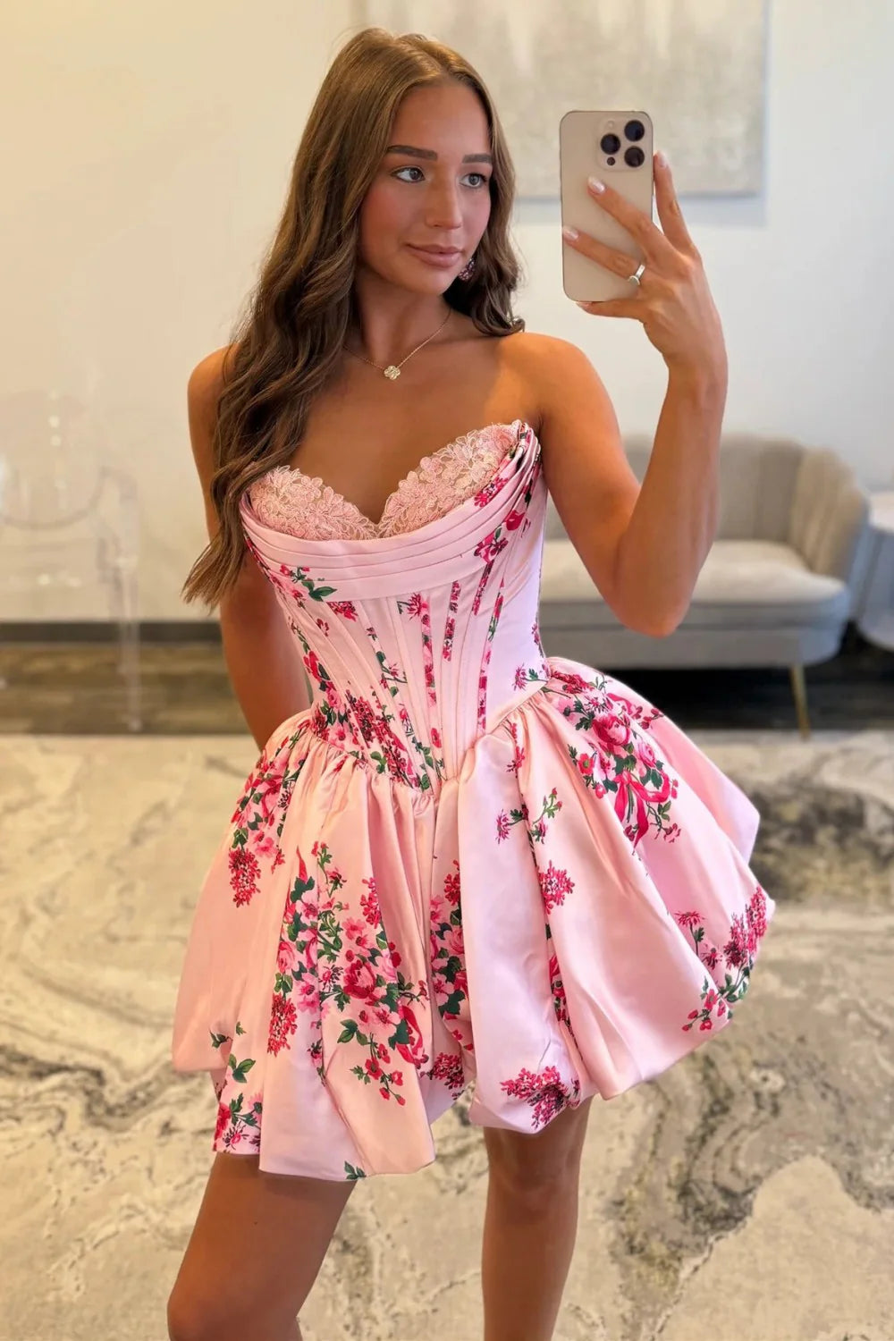 Blue And White Floral Sweetheart Corset Bubble Skirt Homecoming Dress AS157