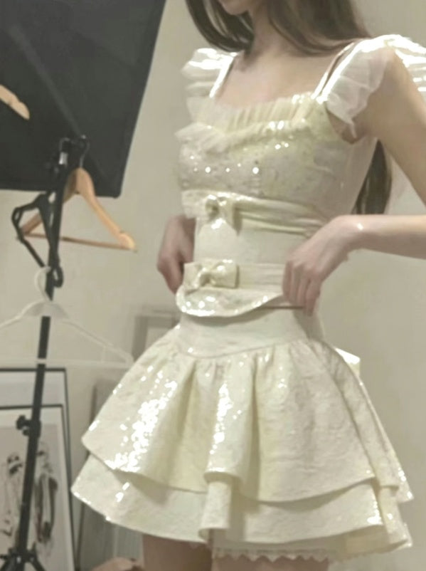 Sparkling Ivory Sequin Square Neck Ruffle Strap Bow Two Piece A Line Short Homecoming Dress AS1570