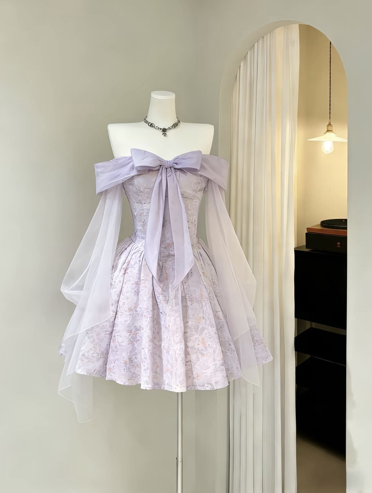 Dreamy Lavender Floral Off Shoulder Big Front Bow Sheer Flowy Sleeves A Line Short Homecoming Dress AS1574