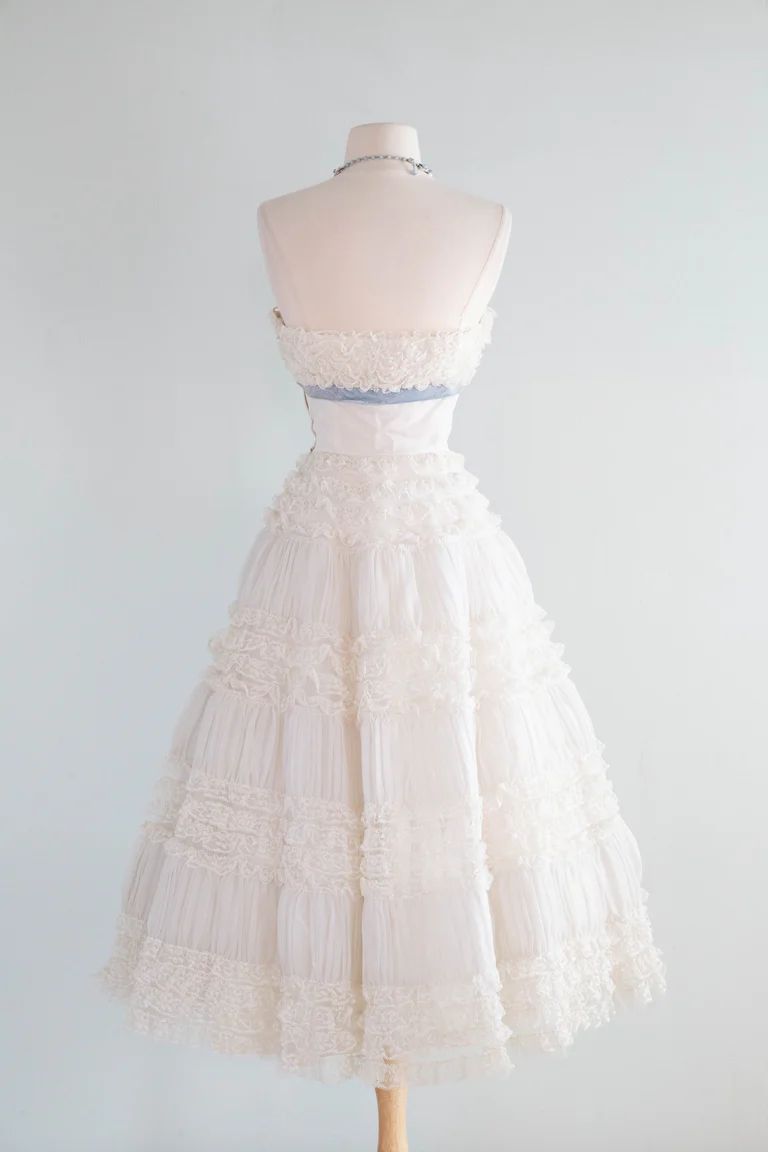 Sweet White Strapless Tiered Lace Blue Bow A Line Midi Homecoming Dress AD1119