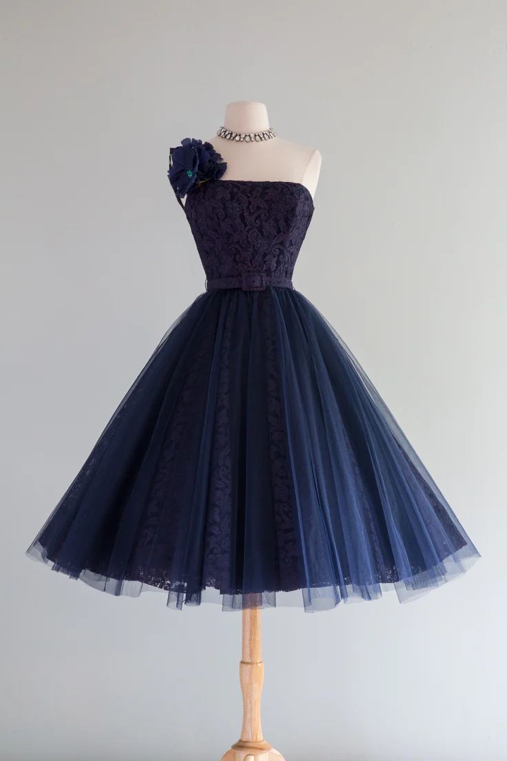 Elegant Navy Blue Floral One Shoulder Lace Tulle A Line Midi Homecoming Dress AS1579