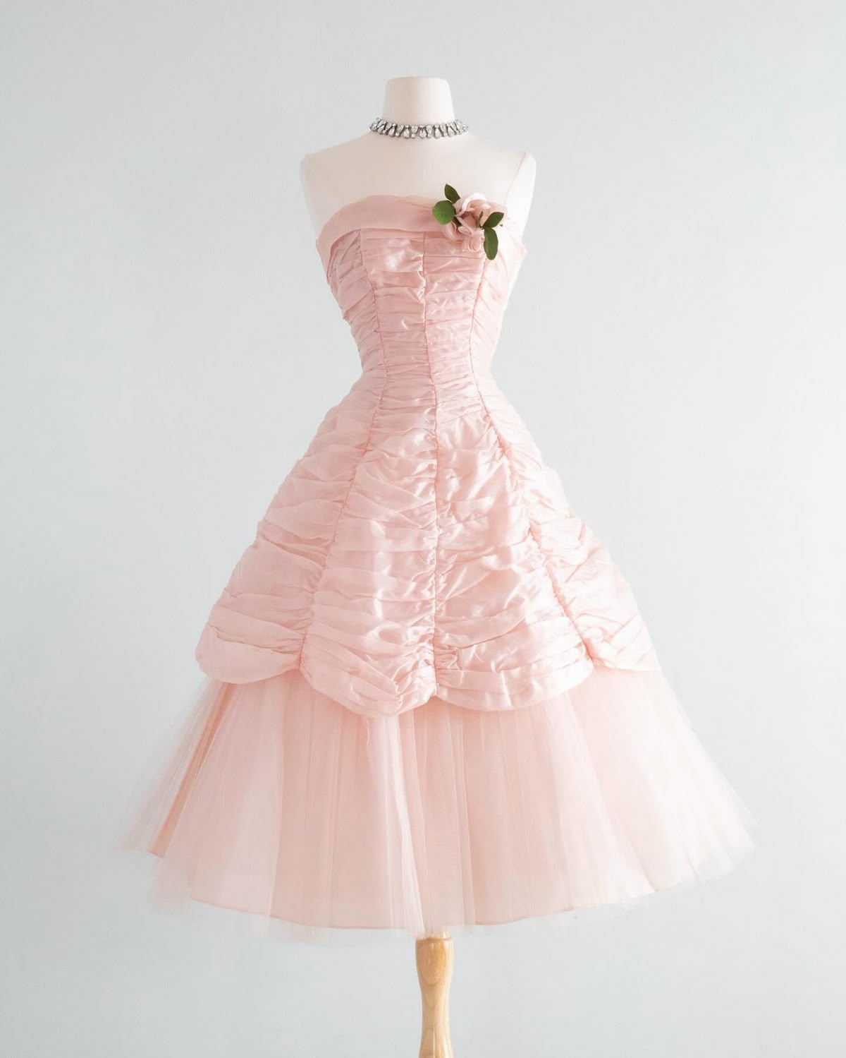 Vintage Blush Pink Strapless Ruched Satin Floral A Line Midi Homecoming Dress AS1582