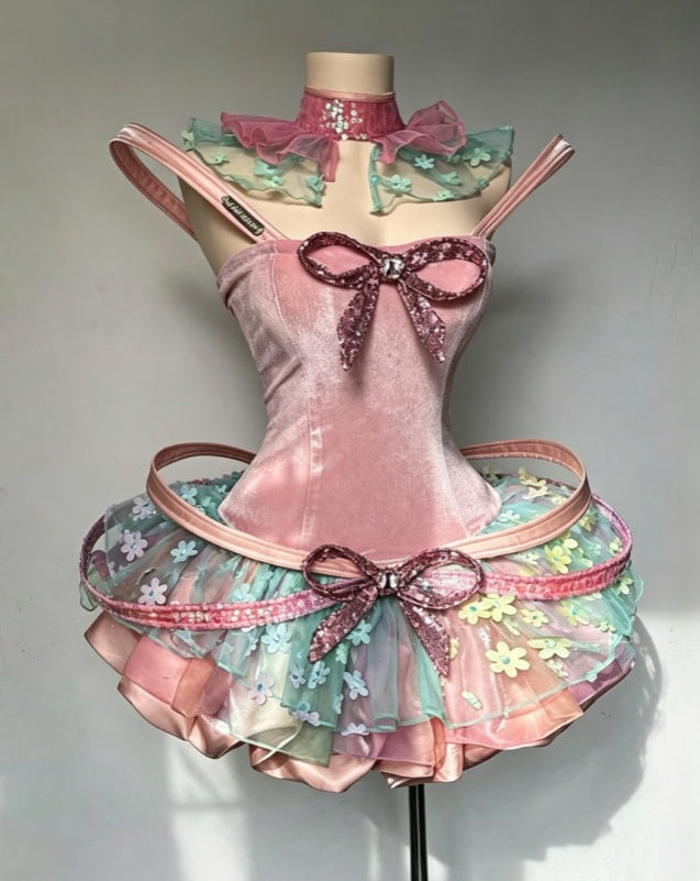 Unique Pink Velvet Strapless Corset Bow Floral Appliques A Line Tutu Short Homecoming Dress AS1597
