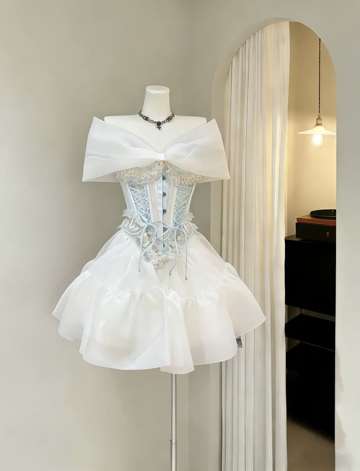 Romantic White Organza Big Bow Off Shoulder Lace Up Corset A Line Puffy Short Homecoming Dress AS1600
