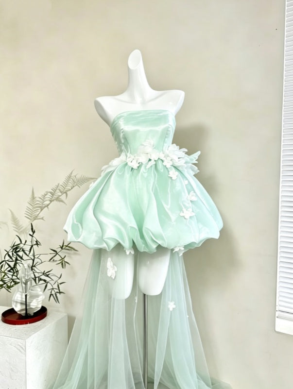 Fresh Mint Green Strapless Satin 3D Floral Appliqué Sheer Tulle Train Bubble A Line Short Homecoming Dress AS1602