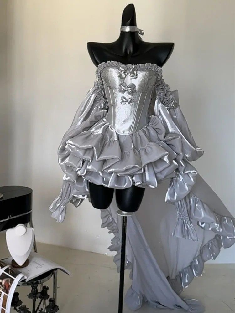 Luxurious Cream Satin Off Shoulder Corset Front Triple Bow Tiered Ruffle A Line Short Homecoming Dress With Long Puffy Sleeve And Back Bow Long Ruffle Train AS1604