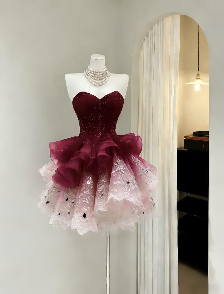 Luxe Burgundy Ombre Strapless Sweetheart Neck Beaded Ruffle Layer Organza A Line Short Homecoming Dress AS1605