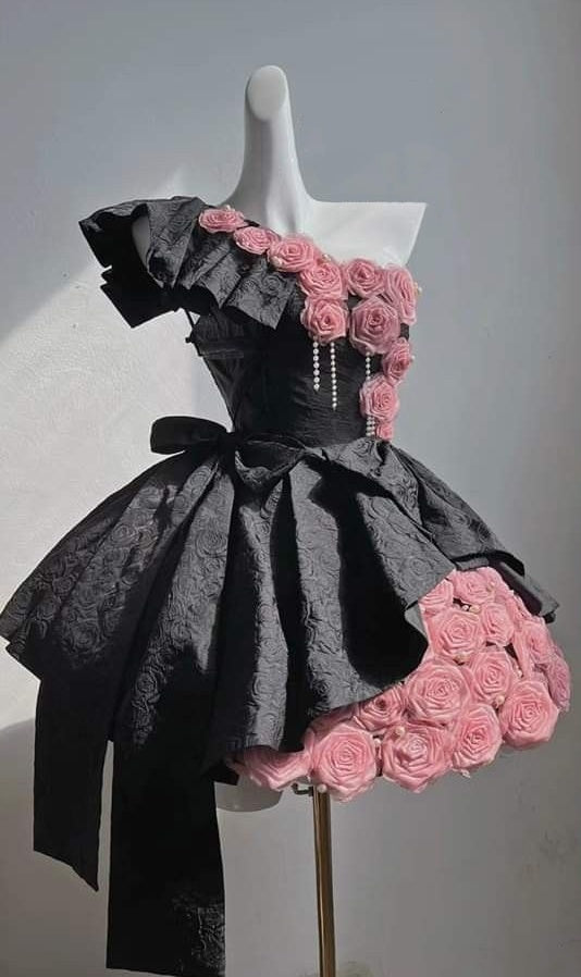 Edgy Black Jacquard One Shoulder 3D Pink Rose Floral Pearl Tassel A Line Short Homecoming Dress With Long Tail Bow AS1606