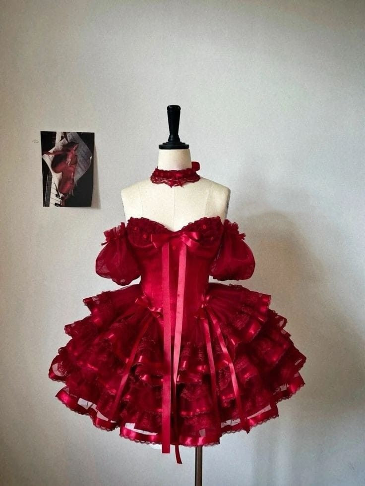 Luxe Red Off Shoulder Short Puff Bubble Sleeves Bow Corset Multi-Layer Ruffle A Line Short Homecoming Dress AS1607