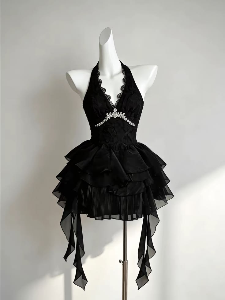 Chic Black Halter V-Neck Rhinestone A Line Multi-Layer Ruffle Chiffon Ribbons Short Homecoming Dress AS1613