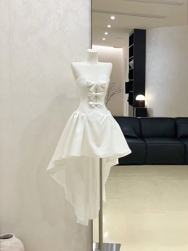 Dainty White Strapless Sweetheart Neck Front Bows Bodice High Low Hem A Line Short Homecoming Dress AS1615
