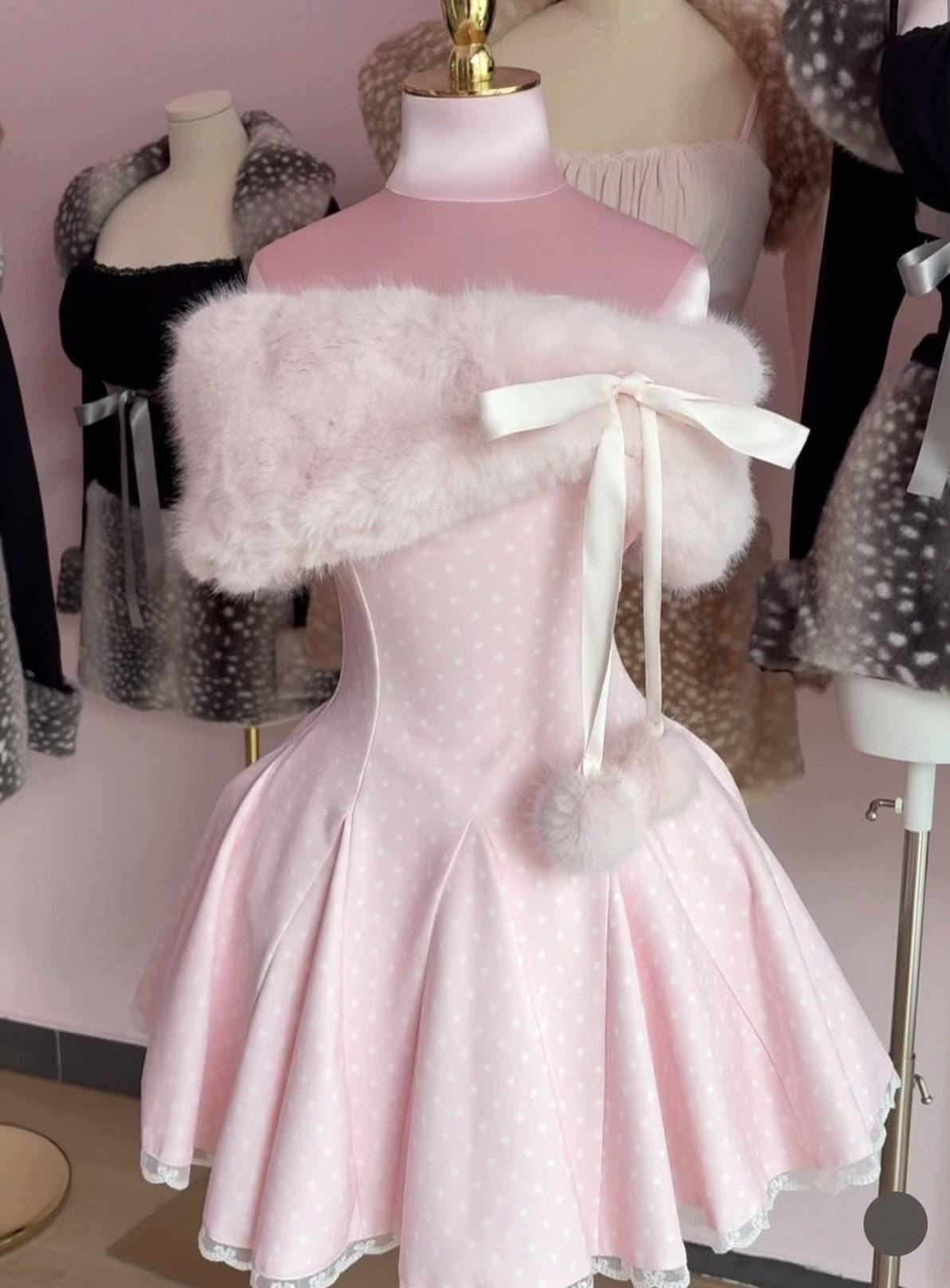 Sweet Pink Polka Dot Fluffy Fur Off Shoulder A Line Short Homecoming Dress With White Bow Pom Pom Detail AS1620