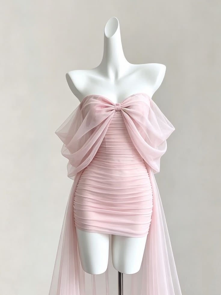 Elegant Light Pink Off Shoulder Runched Bodycon Short Homecoming Dress With Long Floating Tulle Train AS1621