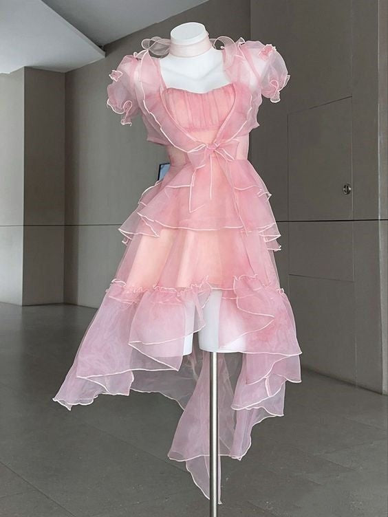 Dreamy Pink Organza Short Puff Sleeve Bow A Line Multi-Layer Ruffle High Low Hem Short Homecoming Dress AS1627
