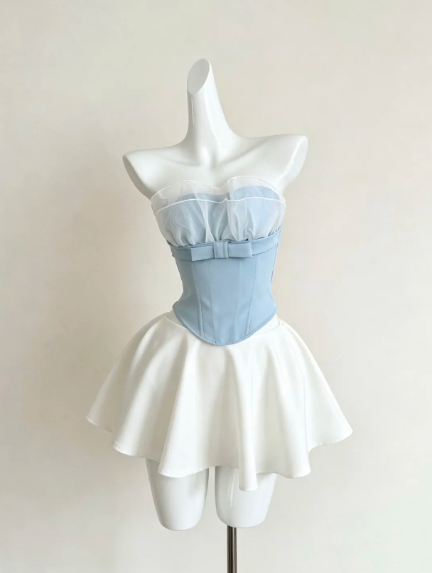 Fresh Sky Blue Organza Strapless Bow Corset White A Line Short Homecoming Dress AS1629