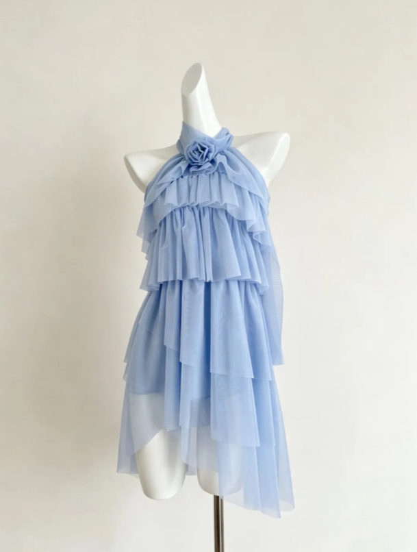 Airy Light Blue Floral Halter Multi-Layer Ruffled Tulle Asymmetrical Hem A Line Short Homecoming Dress AS1630